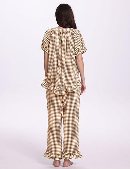 PHEMEA Women’s 2-Piece Gingham Pajama Set – Short Sleeve Babydoll Top & Ruffle Pants