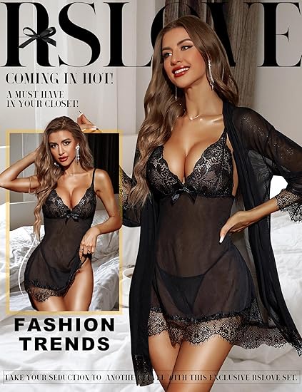 Women’s 3-Piece Sexy Lingerie Set – Lace Babydoll, Kimono Robe & Chemise